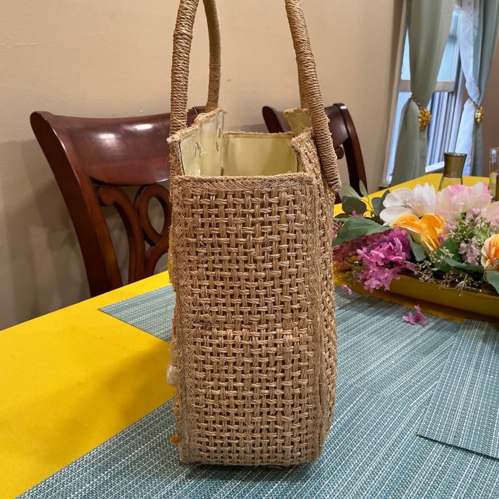 Cabana Tote Bag Vintage OS Tan Woven Straw Floral Embroidered Basket Bag - Picture 2 of 11